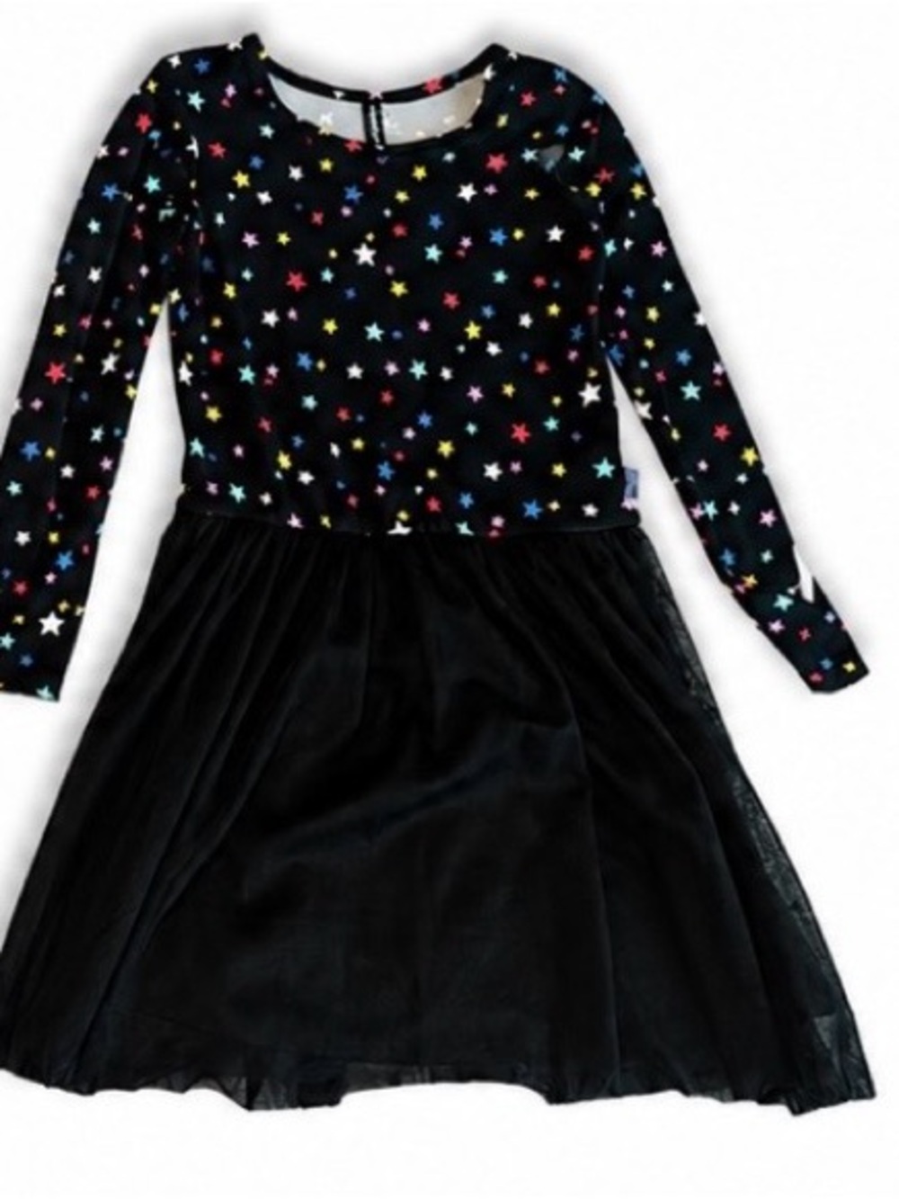 Girls' Black Star-Print Long Sleeve Tulle Dress